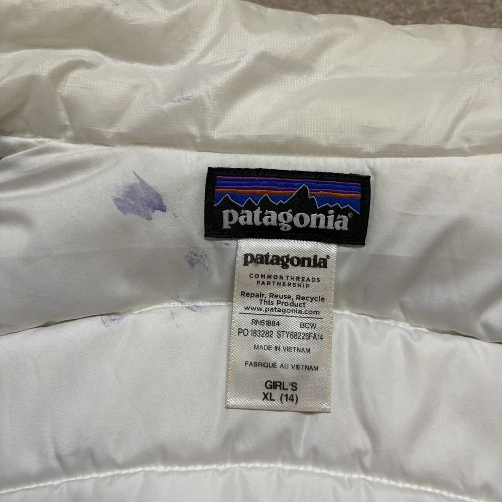 Patagonia Puffer Vest Girls XL 14 White Down Quilted Insulated Zip Pockets Warm